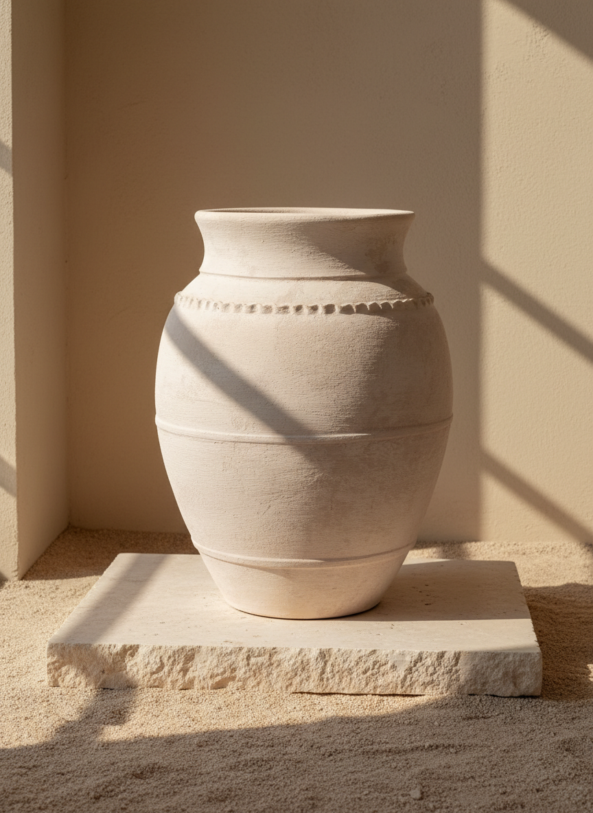Rustikale sandbeige Terrakotta-Vase mit strukturiertem, erhabenem Zierrand