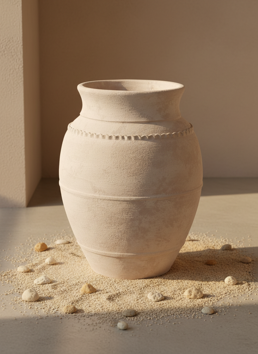 Rustikale sandbeige Terrakotta-Vase mit strukturiertem, erhabenem Zierrand