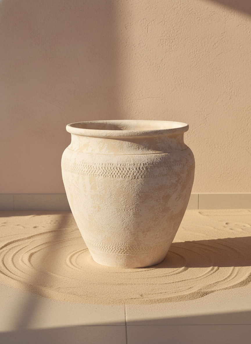 Vaso rustico in terracotta color avorio con corpo arrotondato e finitura materica