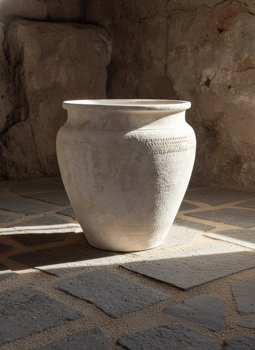Vase rustique en terre cuite ivoire au corps arrondi et à la finition texturée