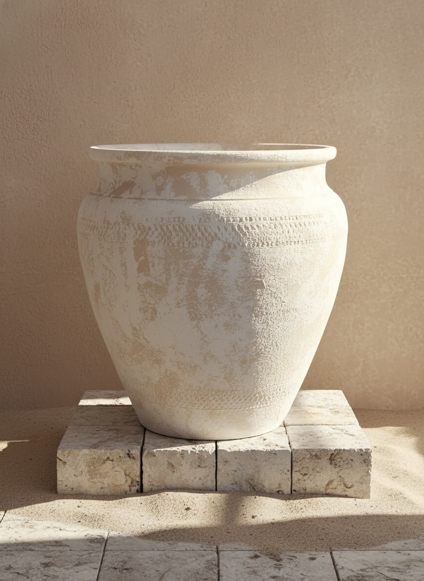 Vase rustique en terre cuite ivoire au corps arrondi et à la finition texturée
