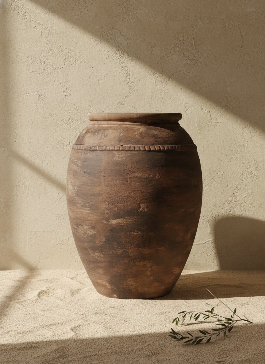 Vase de sol rustique en terre cuite brun foncé avec finition vieillie texturée