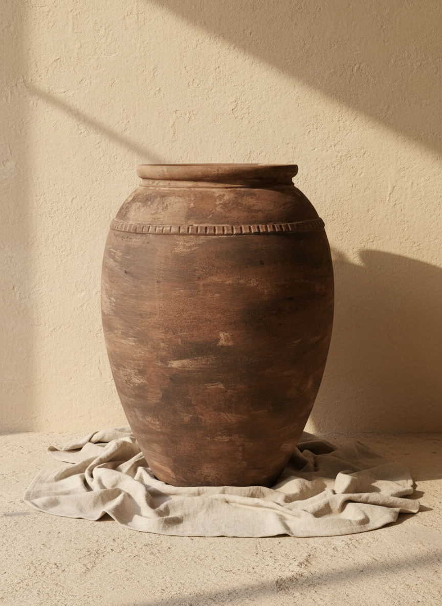 Rustikale dunkelbraune Terrakotta-Bodenvase mit strukturierter Antik-Optik