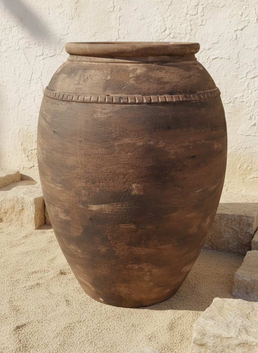 Rustikale dunkelbraune Terrakotta-Bodenvase mit strukturierter Antik-Optik