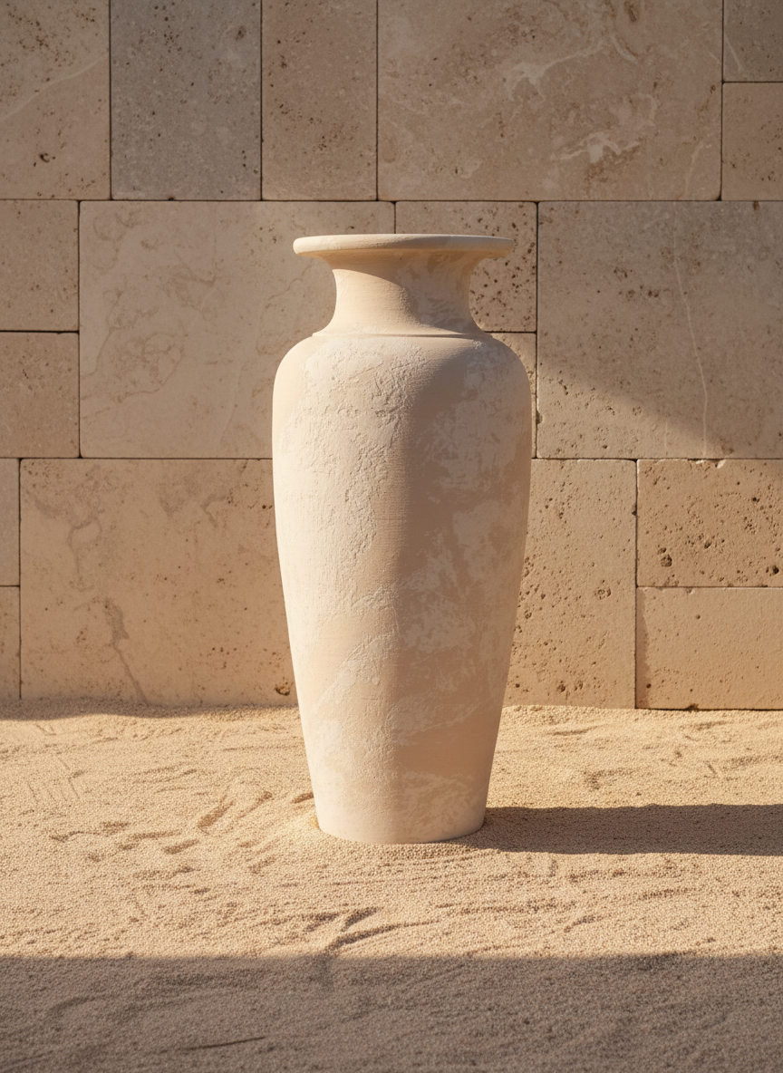 Hoge ivoorkleurige terracotta vaas met gestructureerde afwerking en uitlopende rand