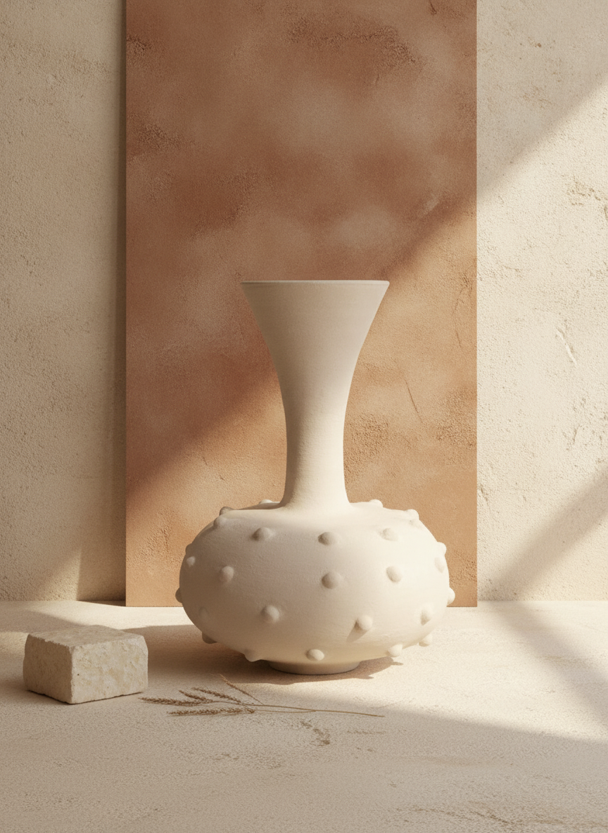 Ivoorwitte Terracotta Decoratieve Vaas met Gestructureerde Ronde Voet en Uitlopende Hals
