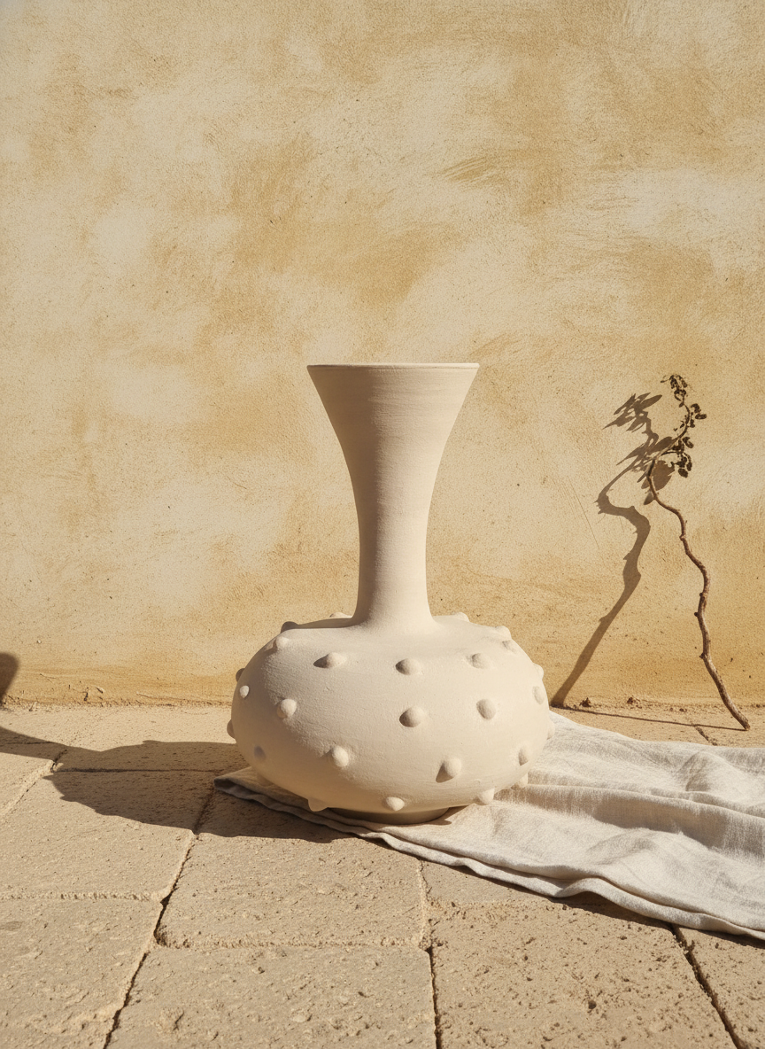 Grand vase beige terracotta avec détails texturés en relief pour l'intérieur