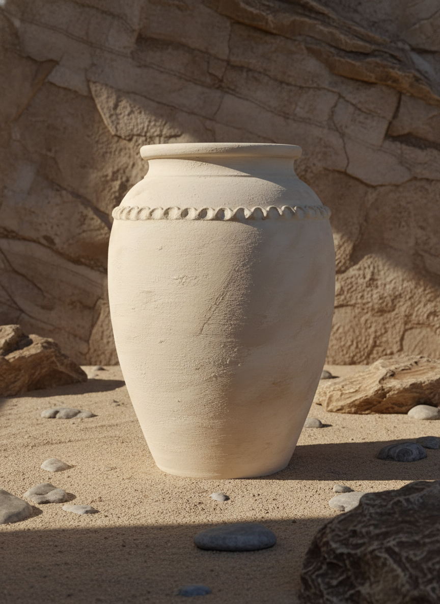 Ivory Beige Terracotta Vase with Textured Finish and Decorative Relief