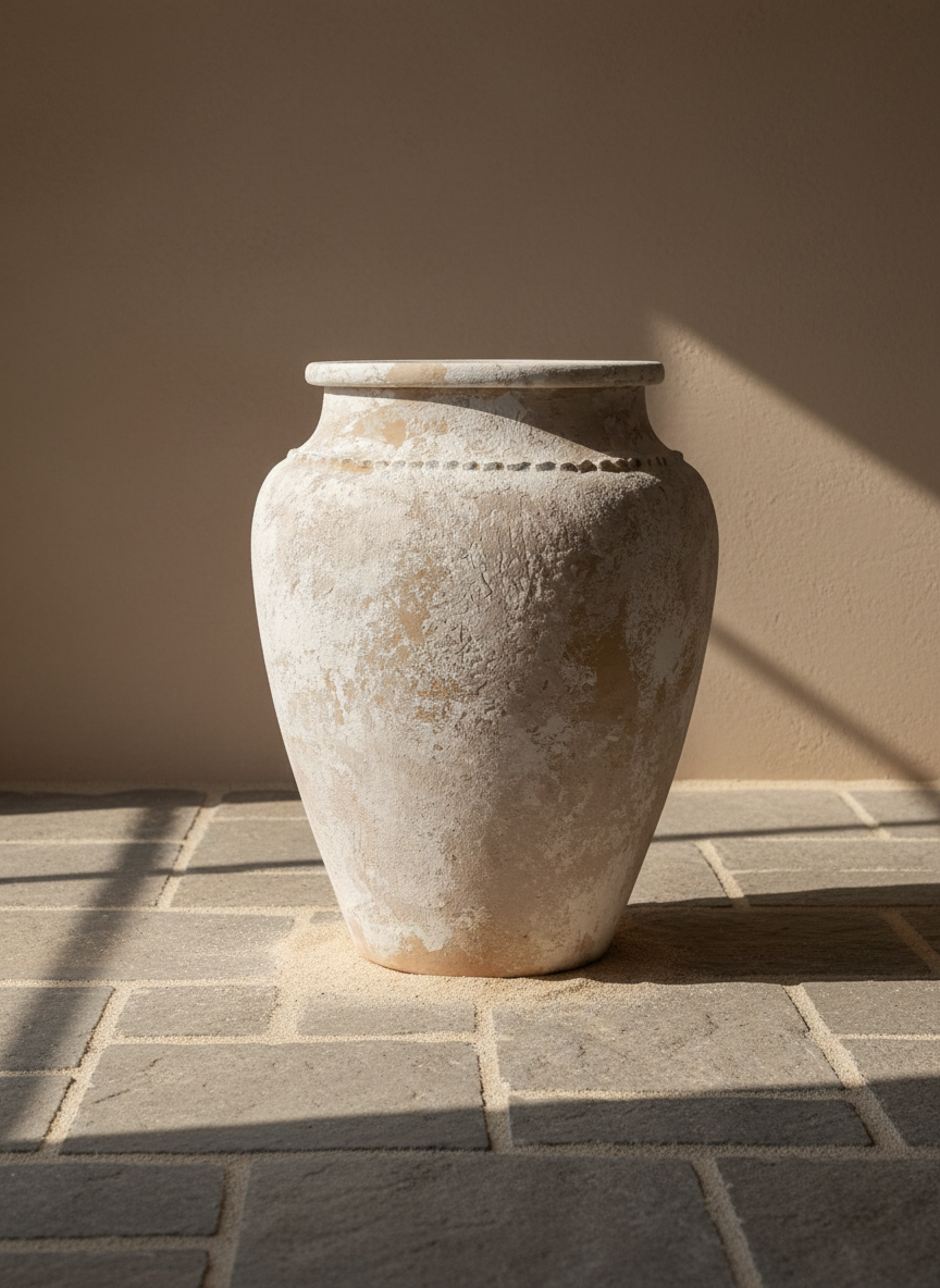 Vase rustique beige ivoire et terracotta avec finition vieillie et silhouette arrondie