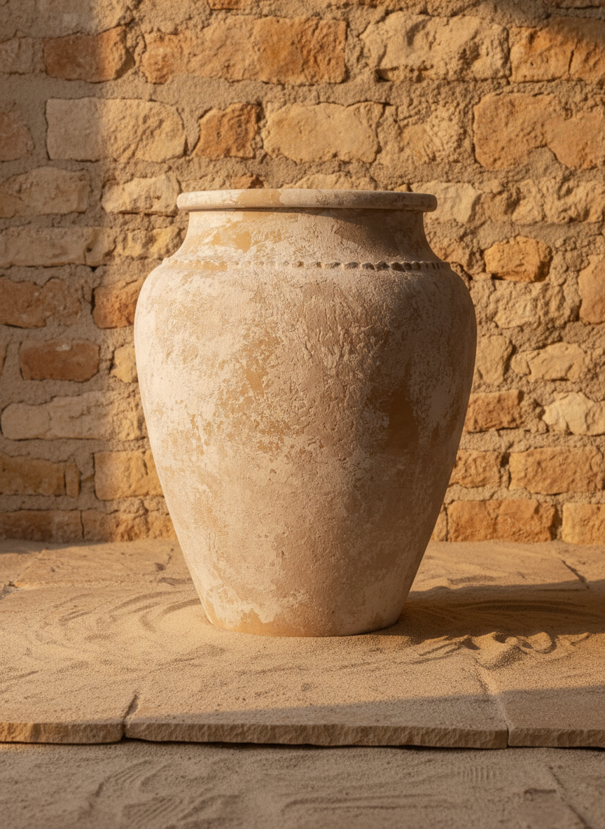 Vase rustique beige ivoire et terracotta avec finition vieillie et silhouette arrondie