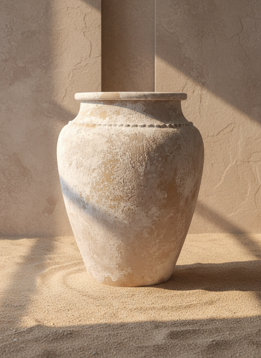 Vase rustique beige ivoire et terracotta avec finition vieillie et silhouette arrondie
