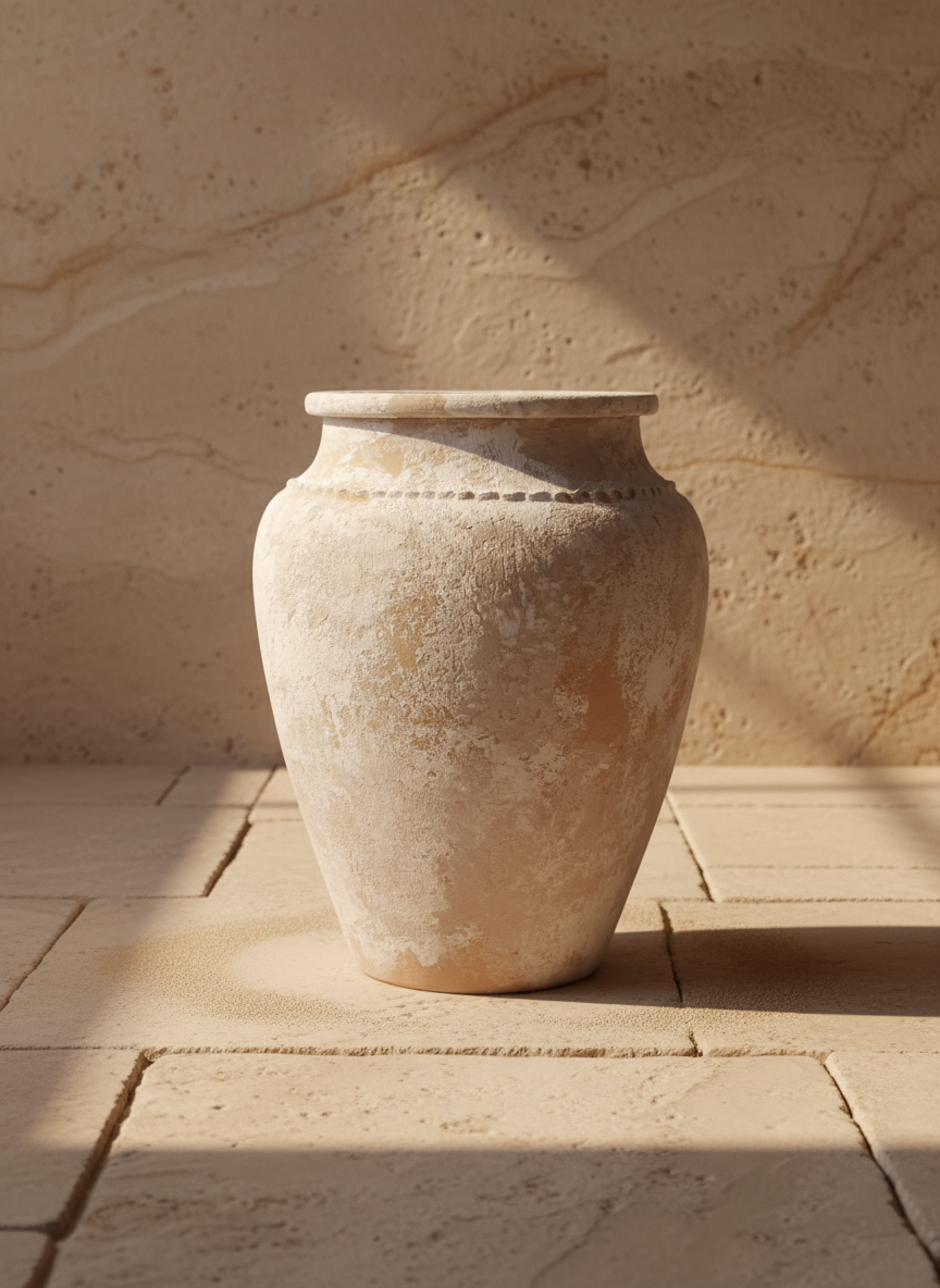 Vase rustique beige ivoire et terracotta avec finition vieillie et silhouette arrondie