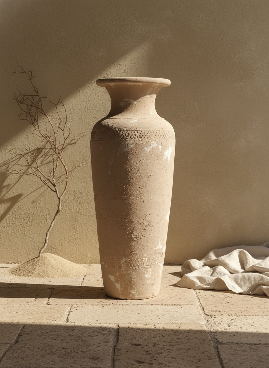 Jarrón de terracota beige texturizado con borde acampanado y silueta escultórica