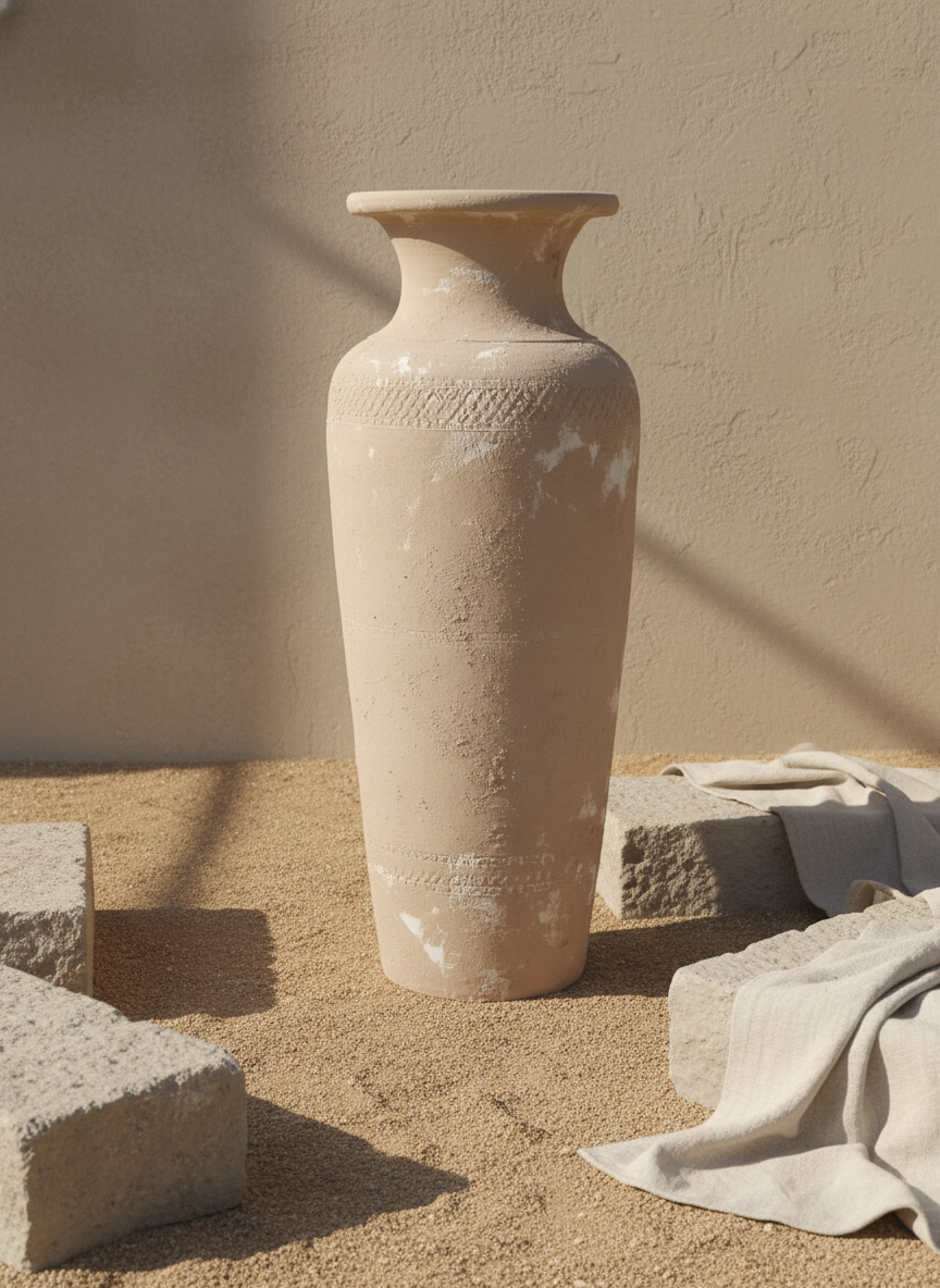 Jarrón de terracota beige texturizado con borde acampanado y silueta escultórica
