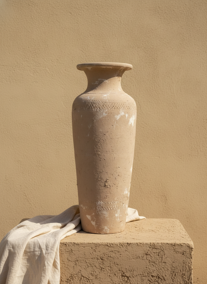 Jarrón de terracota beige texturizado con borde acampanado y silueta escultórica