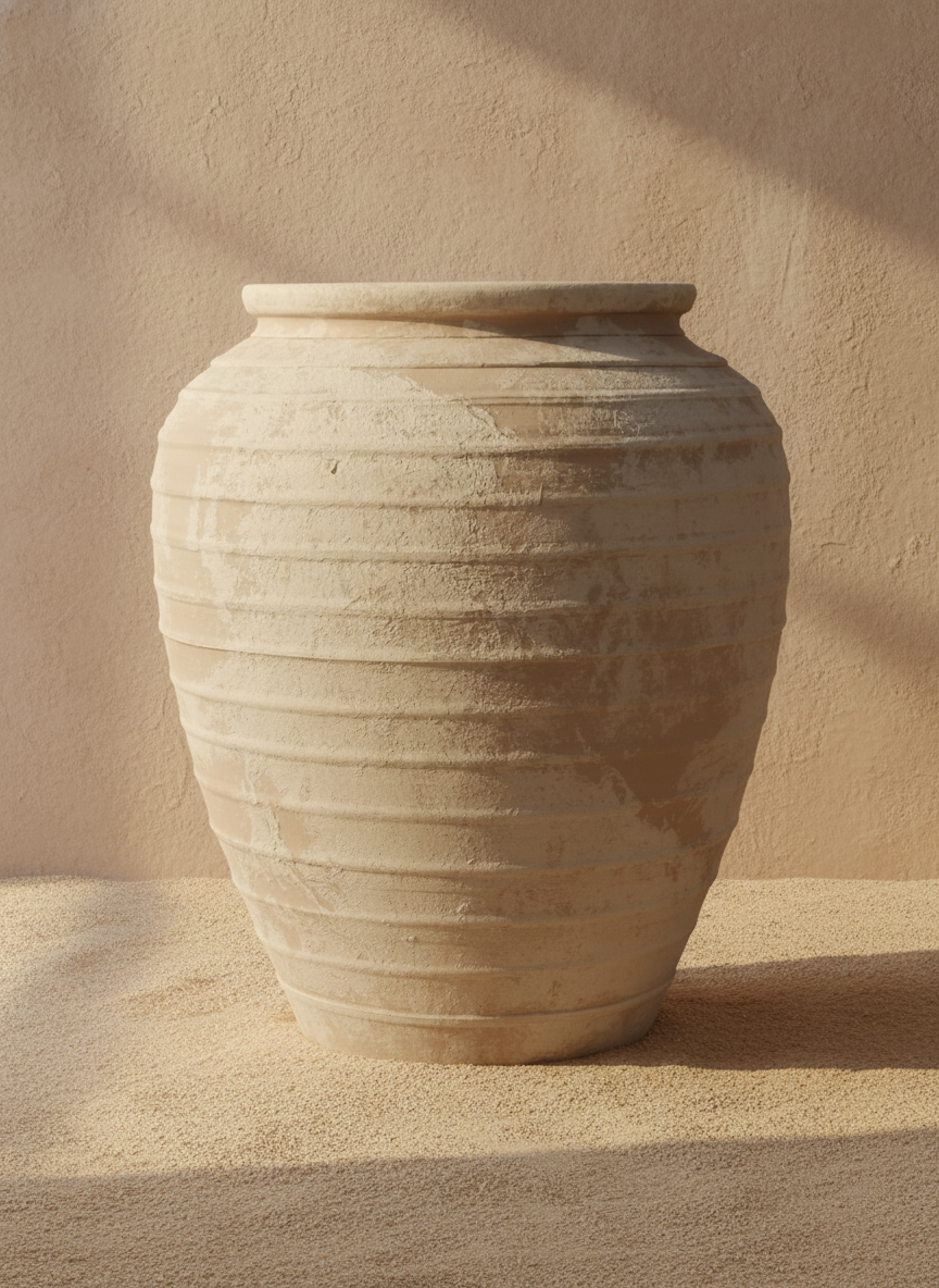 Jarrón de terracota color marfil con estrías, silueta redondeada y textura rústica