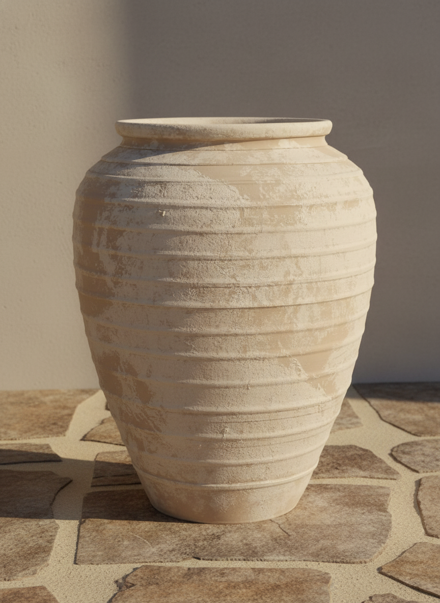 Jarrón de terracota color marfil con estrías, silueta redondeada y textura rústica