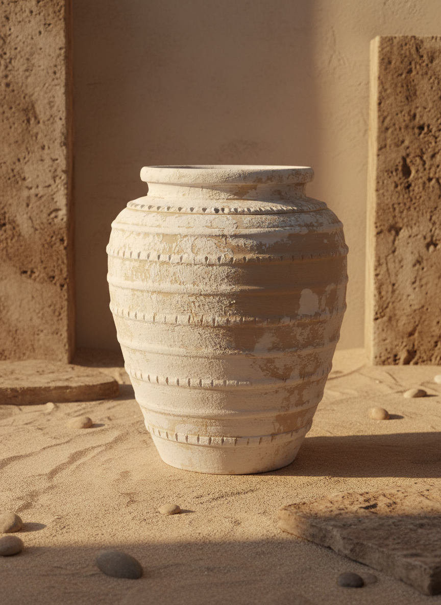 Vase rustique en terre cuite beige avec finition vieillie et bandes texturées