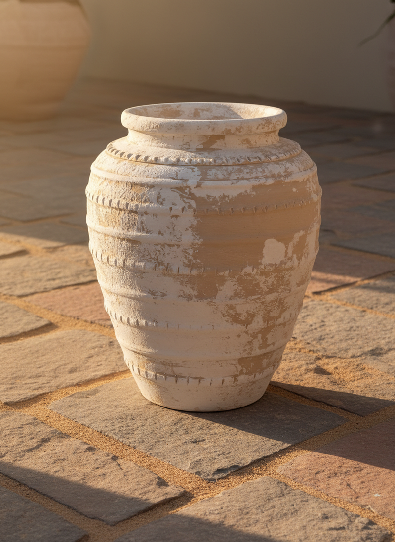 Vase rustique en terre cuite beige avec finition vieillie et bandes texturées