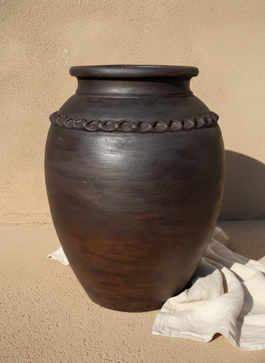Pot en terre cuite rustique marron foncé avec détail décoratif en relief en forme d’anse