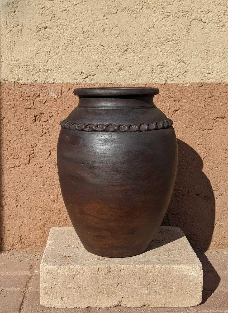 Pot en terre cuite rustique marron foncé avec détail décoratif en relief en forme d’anse