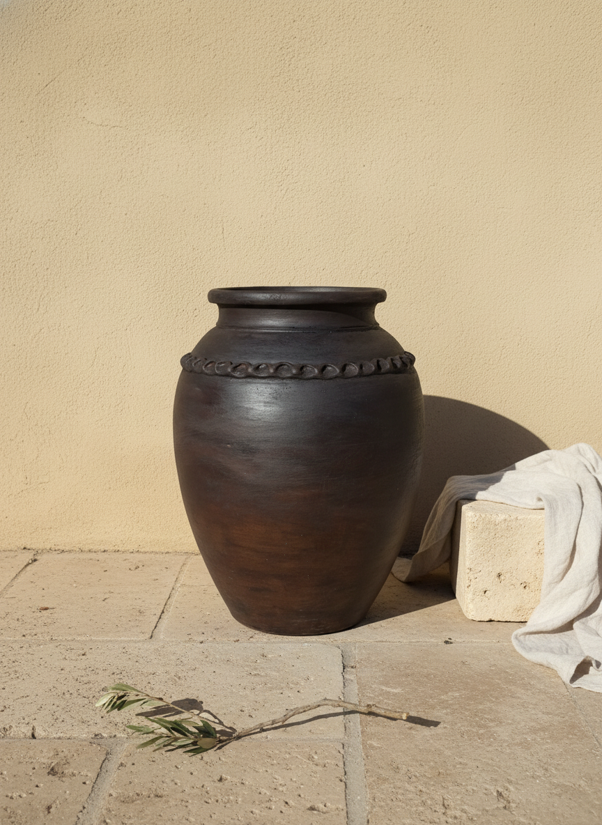 Pot en terre cuite rustique marron foncé avec détail décoratif en relief en forme d’anse