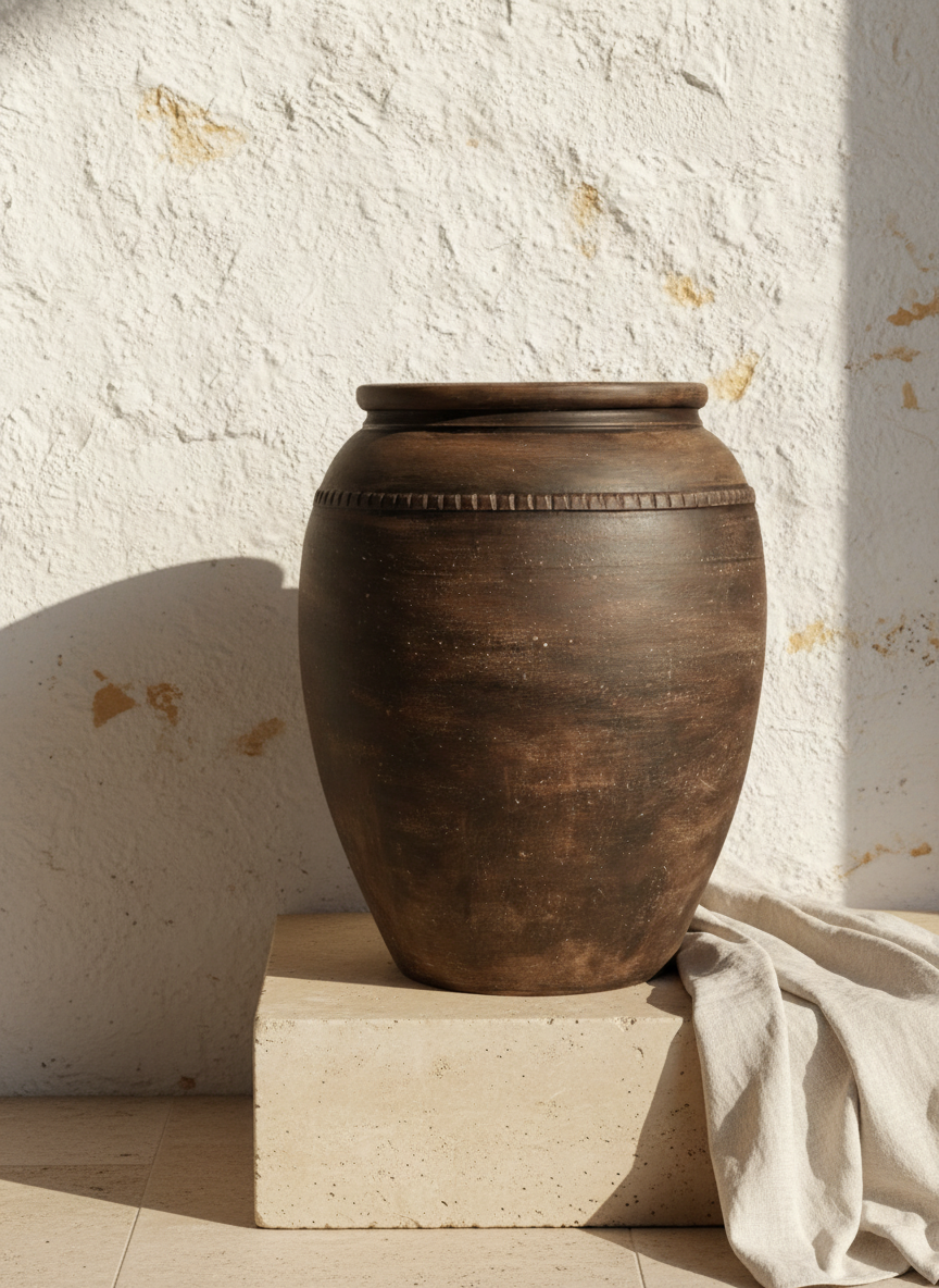 Vase de sol rustique en terre cuite brun foncé à corps arrondi et texturé