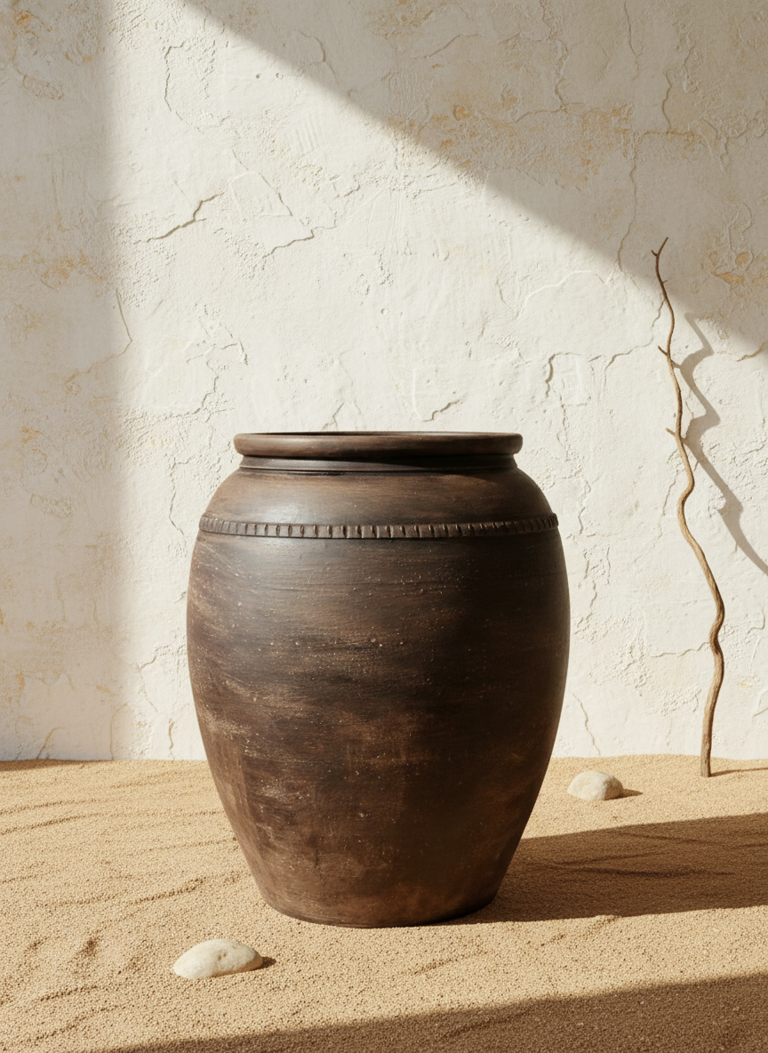 Vase de sol rustique en terre cuite brun foncé à corps arrondi et texturé
