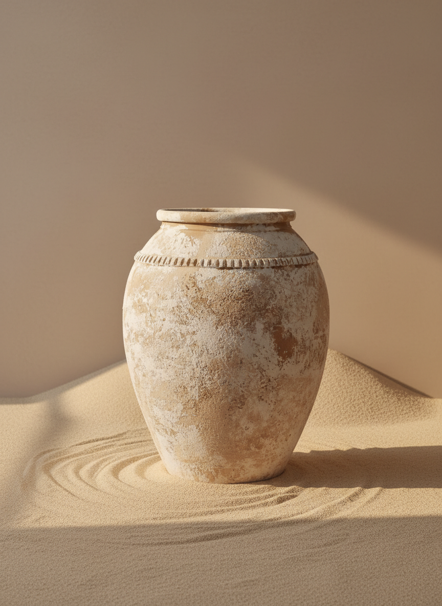 Rustikale elfenbeinfarbene Terrakotta-Vase mit Antik-Finish und Zierband