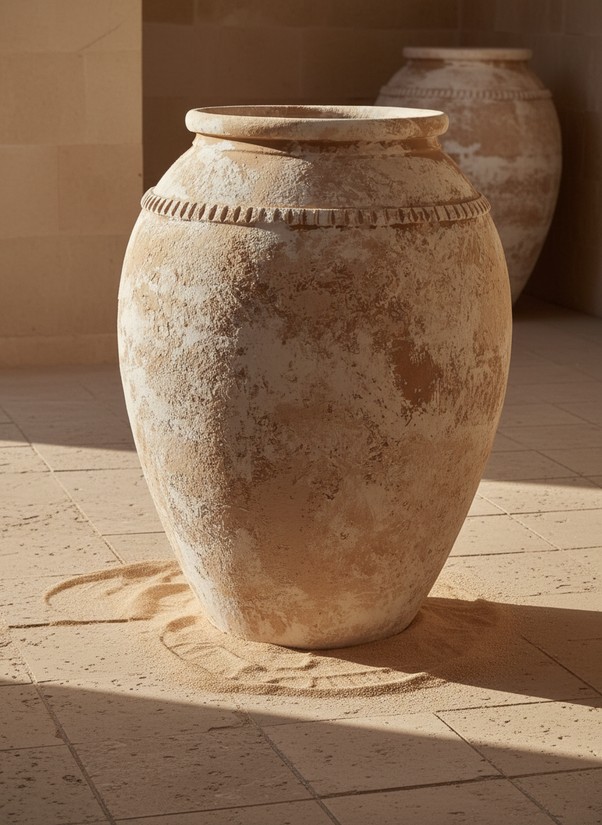 Rustikale elfenbeinfarbene Terrakotta-Vase mit Antik-Finish und Zierband
