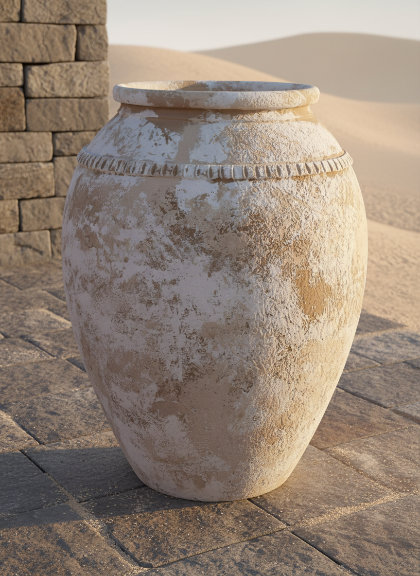 Rustikale elfenbeinfarbene Terrakotta-Vase mit Antik-Finish und Zierband