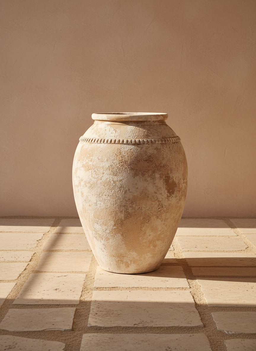 Rustikale elfenbeinfarbene Terrakotta-Vase mit Antik-Finish und Zierband