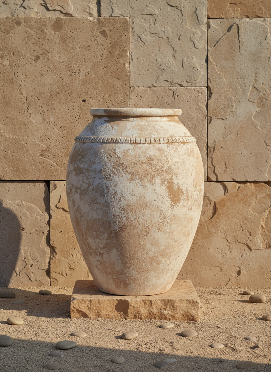 Rustikale elfenbeinfarbene Terrakotta-Vase mit Antik-Finish und Zierband