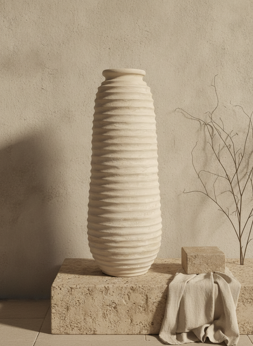 Grand vase au sol en terre cuite ivoire côtelée avec finition sculpturale texturée