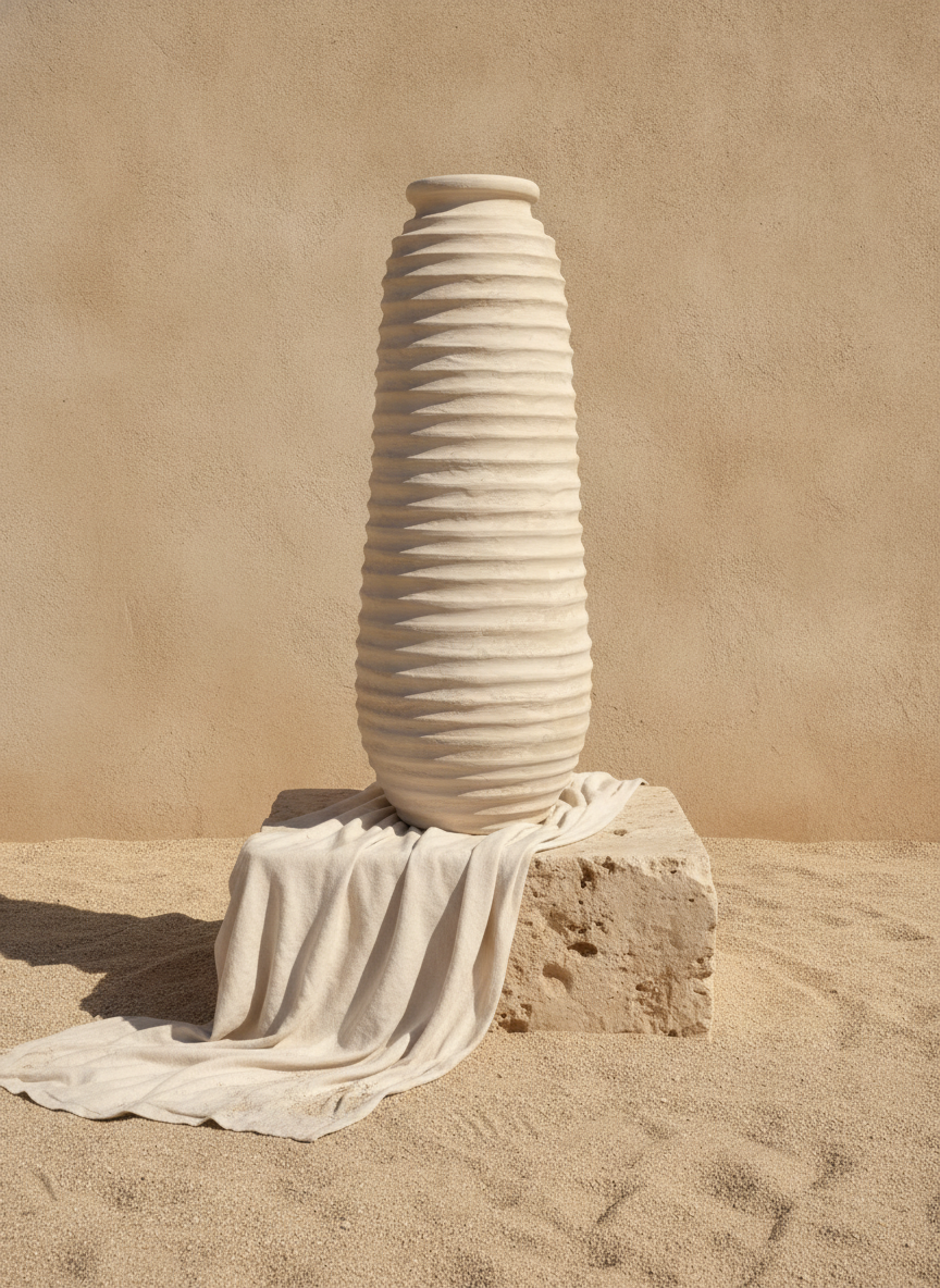 Grand vase au sol en terre cuite ivoire côtelée avec finition sculpturale texturée