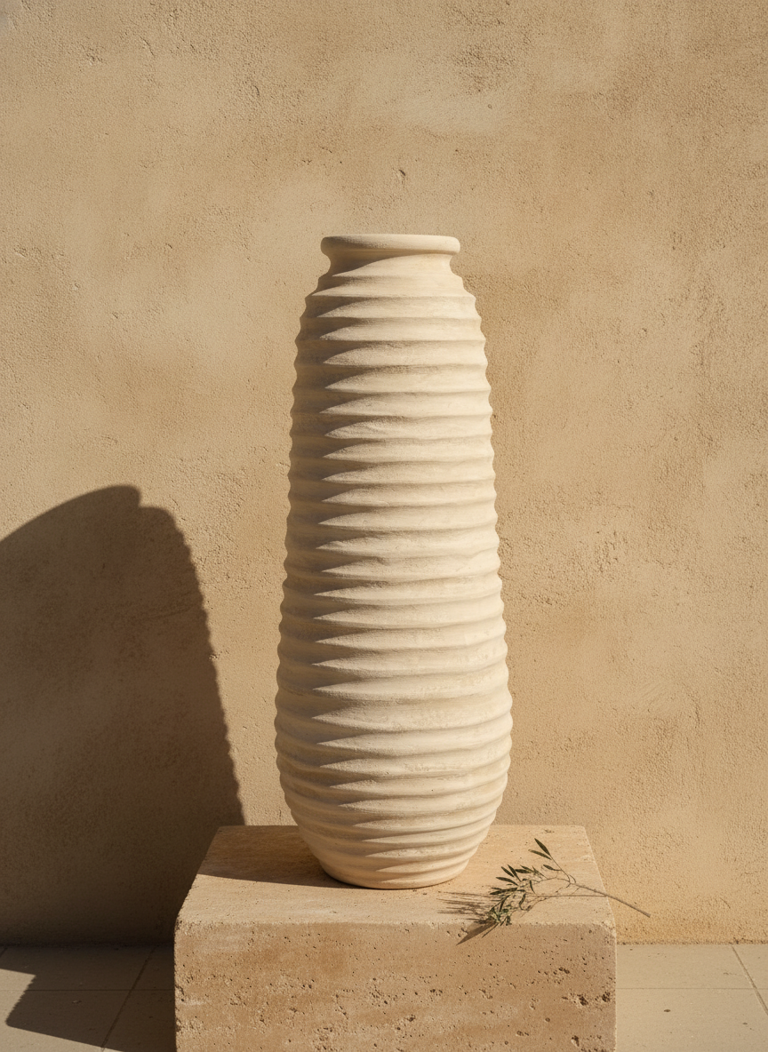 Grand vase au sol en terre cuite ivoire côtelée avec finition sculpturale texturée