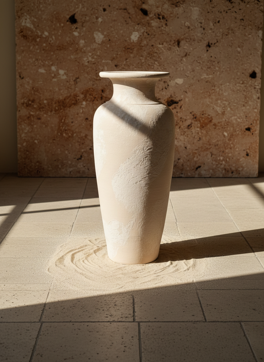 Hoge ivoorkleurige terracotta vaas met gestructureerde afwerking en uitlopende rand