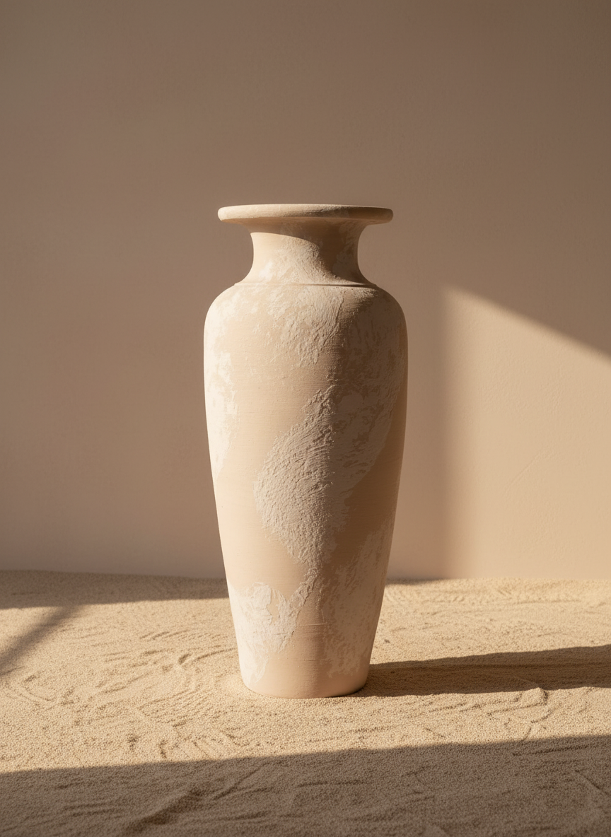 Hoge ivoorkleurige terracotta vaas met gestructureerde afwerking en uitlopende rand