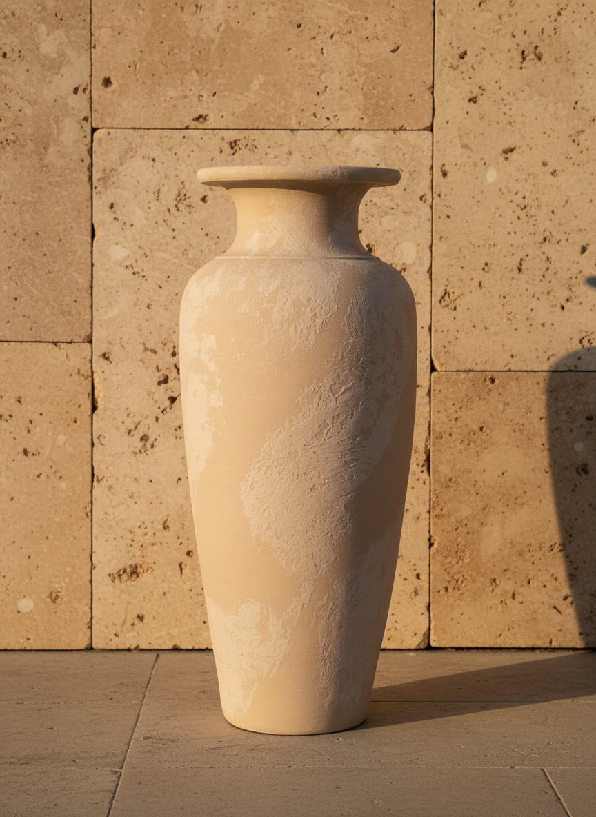 Hoge ivoorkleurige terracotta vaas met gestructureerde afwerking en uitlopende rand