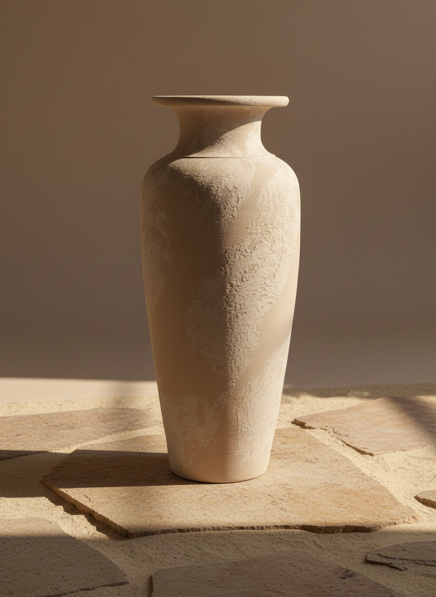 Hoge ivoorkleurige terracotta vaas met gestructureerde afwerking en uitlopende rand