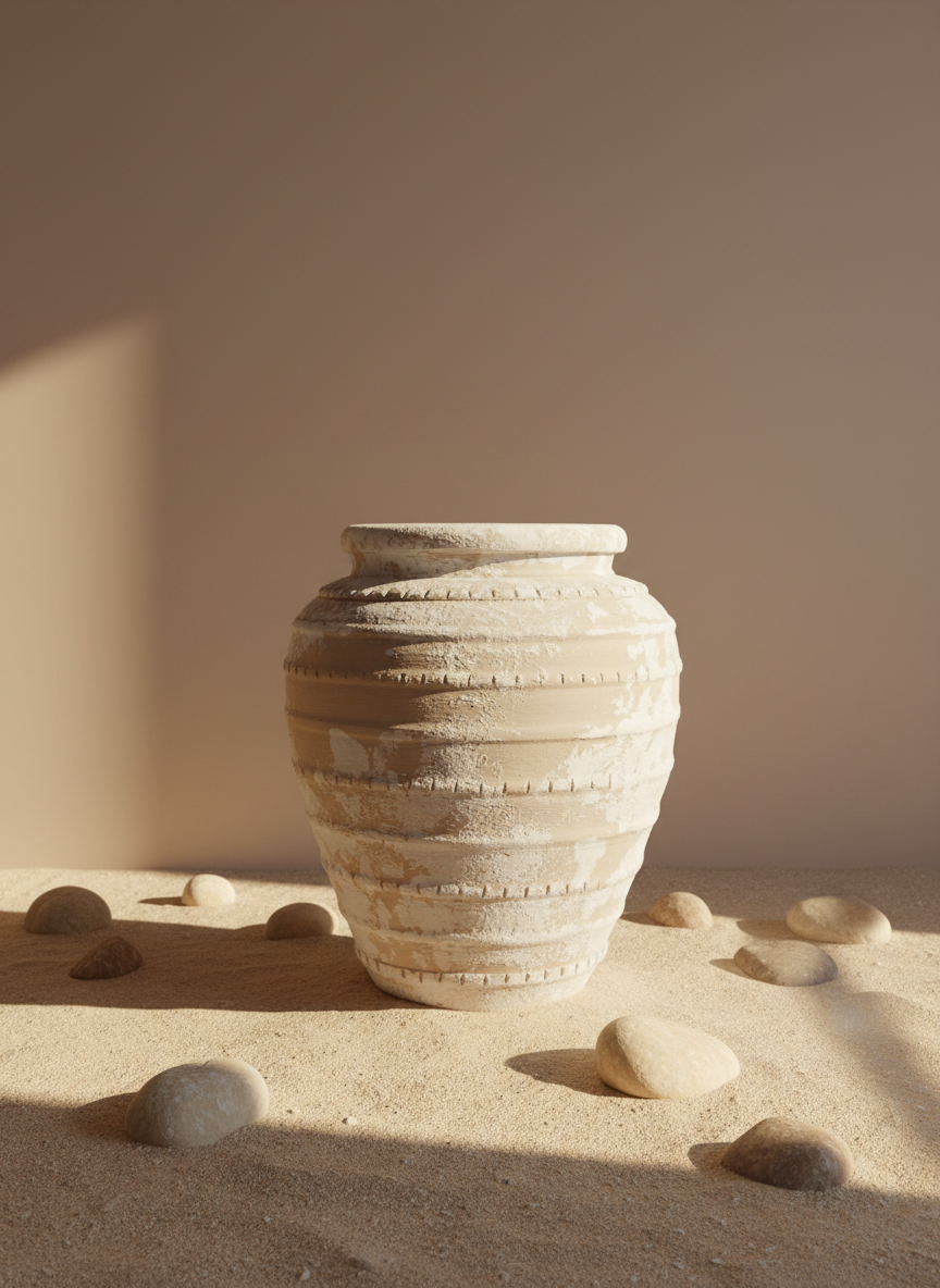 Rustic Beige Terracotta Vase with Distressed Finish and Textured Bands