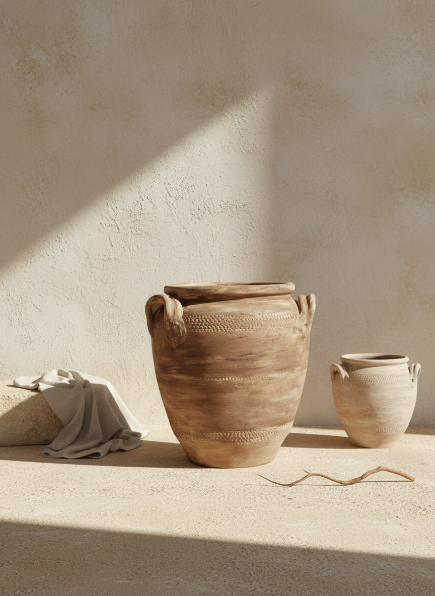 Rustieke bruine terracotta vaas met getextureerde banden en lushengreepen