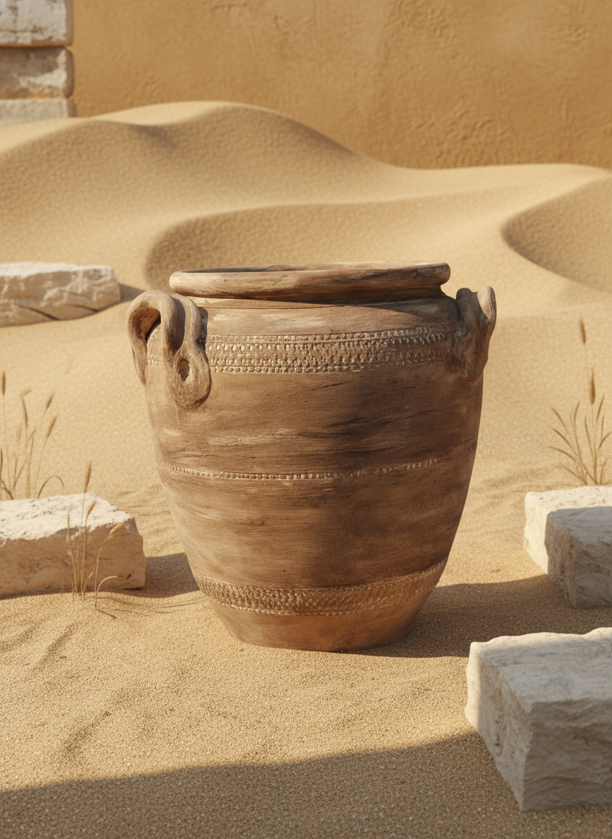 Rustieke bruine terracotta vaas met getextureerde banden en lushengreepen