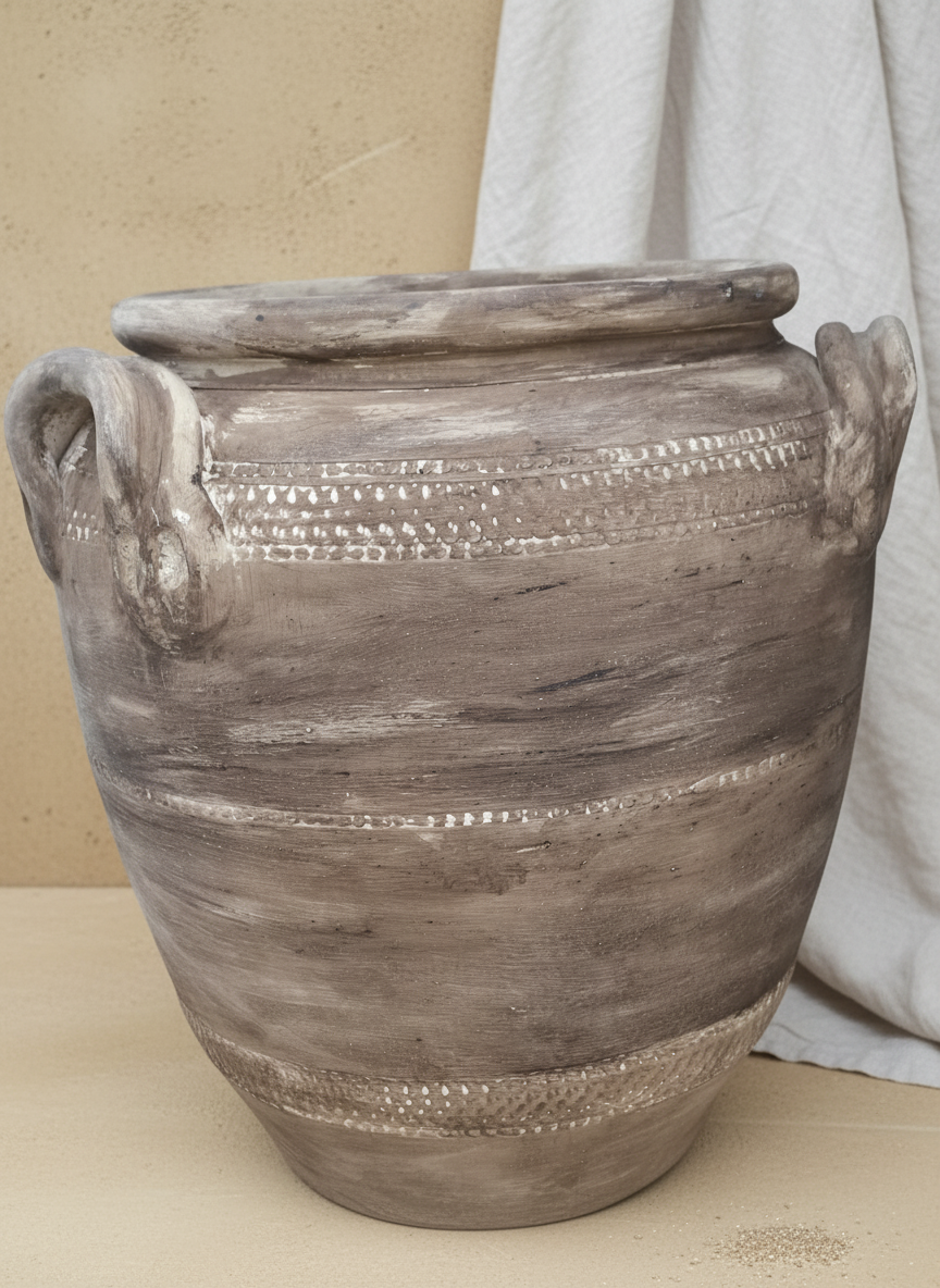 Rustieke bruine terracotta vaas met getextureerde banden en lushengreepen