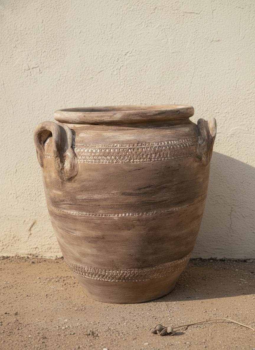 Rustieke bruine terracotta vaas met getextureerde banden en lushengreepen