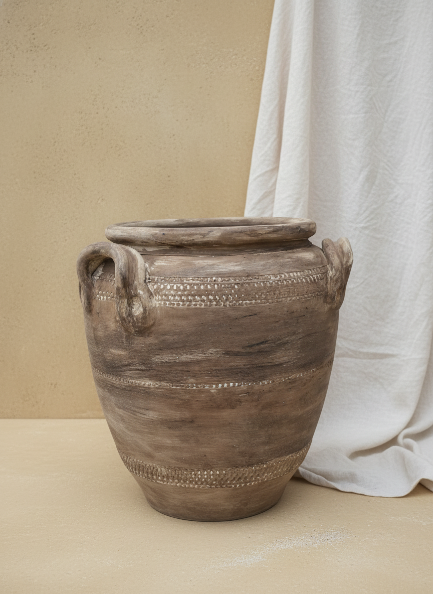Rustieke bruine terracotta vaas met getextureerde banden en lushengreepen