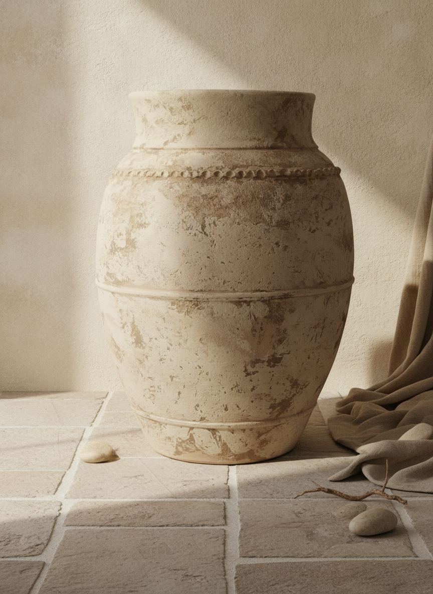 Jarrón rústico de terracota beige con textura envejecida y bandas en relieve