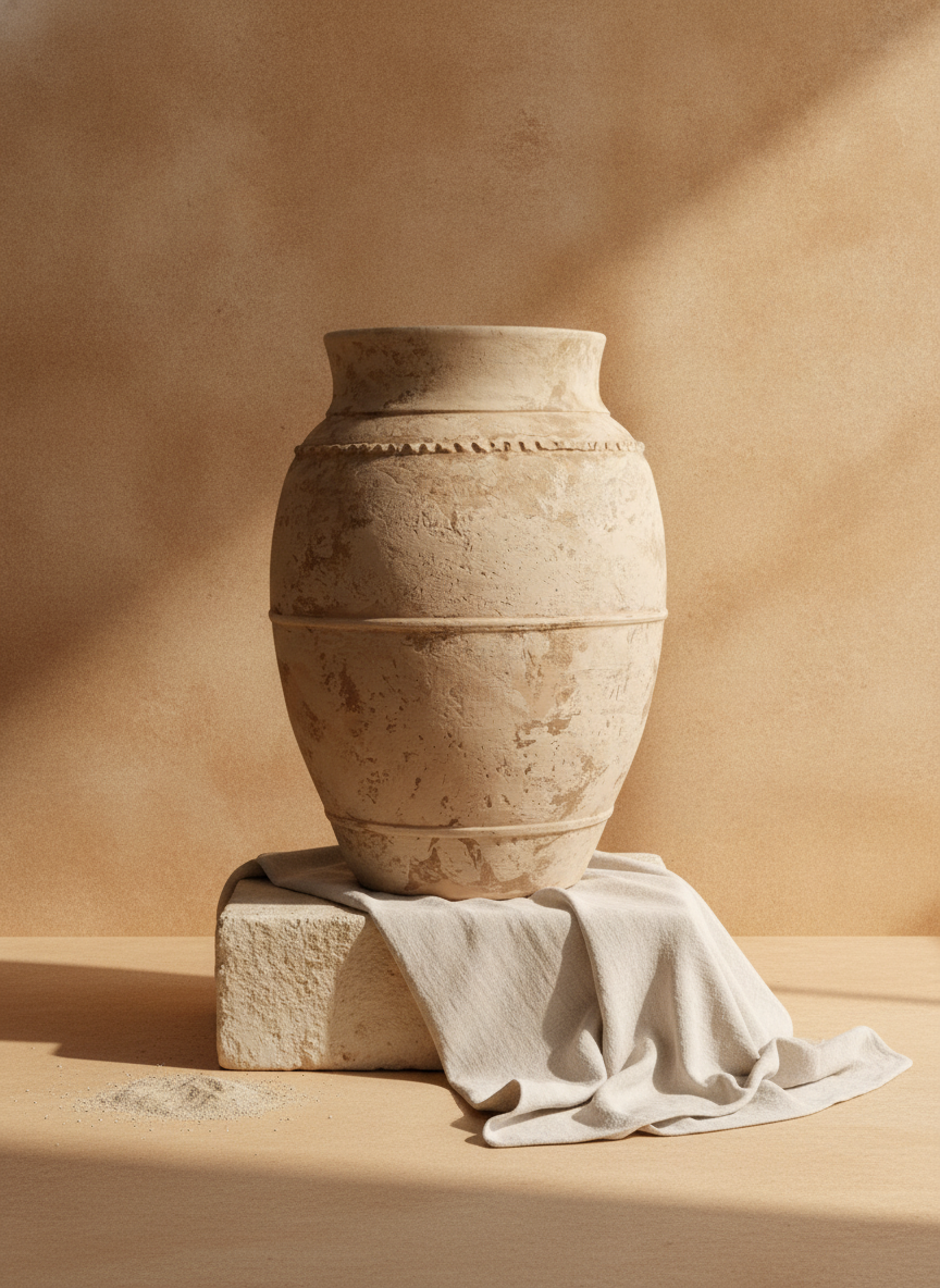 Jarrón rústico de terracota beige con textura envejecida y bandas en relieve
