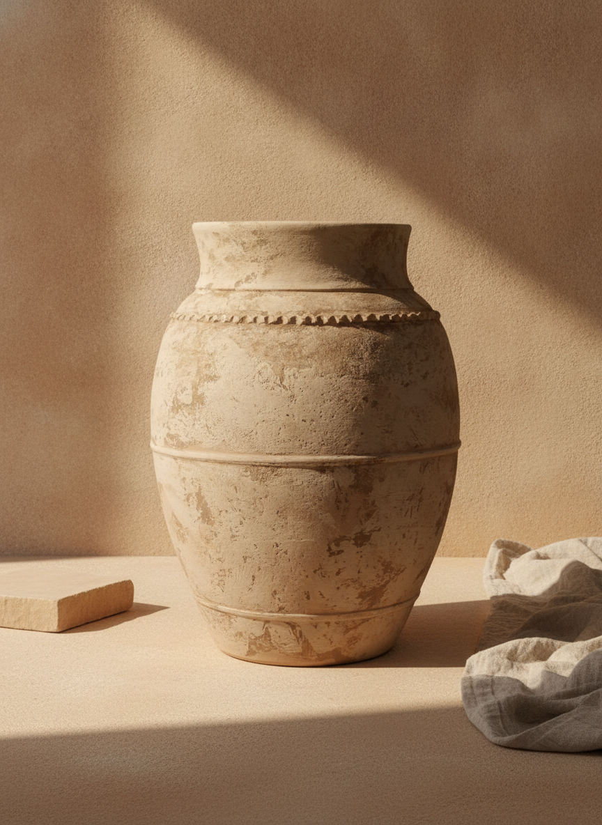 Jarrón rústico de terracota beige con textura envejecida y bandas en relieve