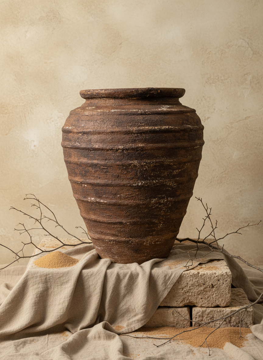 Vaso da Piante Rustico in Terracotta Marrone con Forma Conica Scanalata Testurizzata